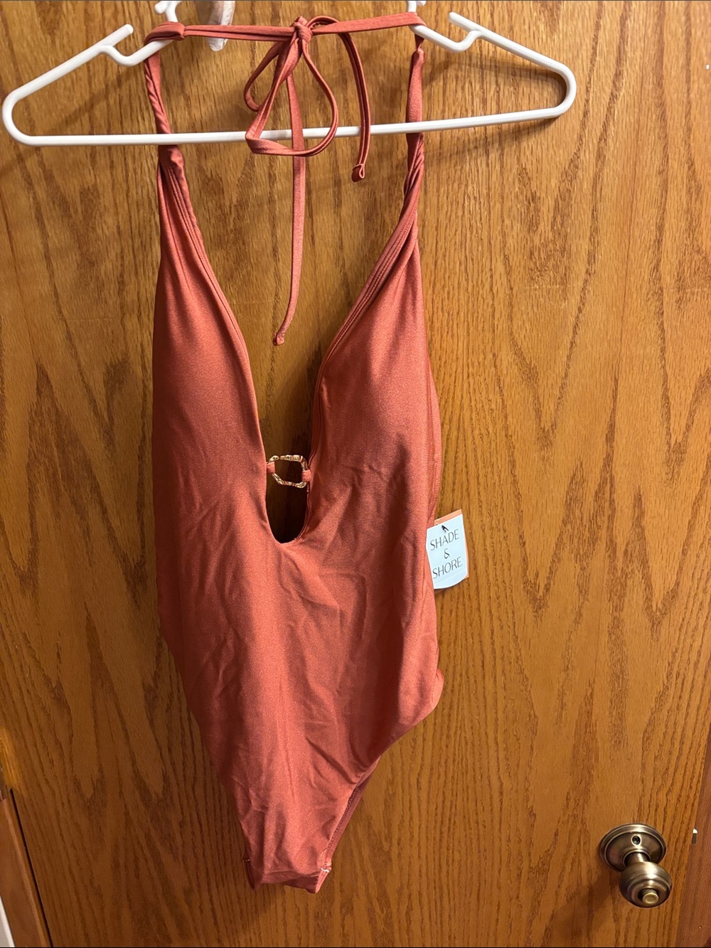 Halter One-Piece Swimsuit with Gold Ring Accent
